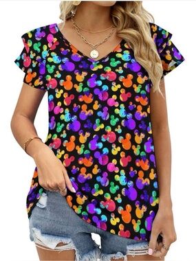 NWOT- Women’s V-Neck Short Sleeve Top in Black with Rainbow Mouse Head Motif